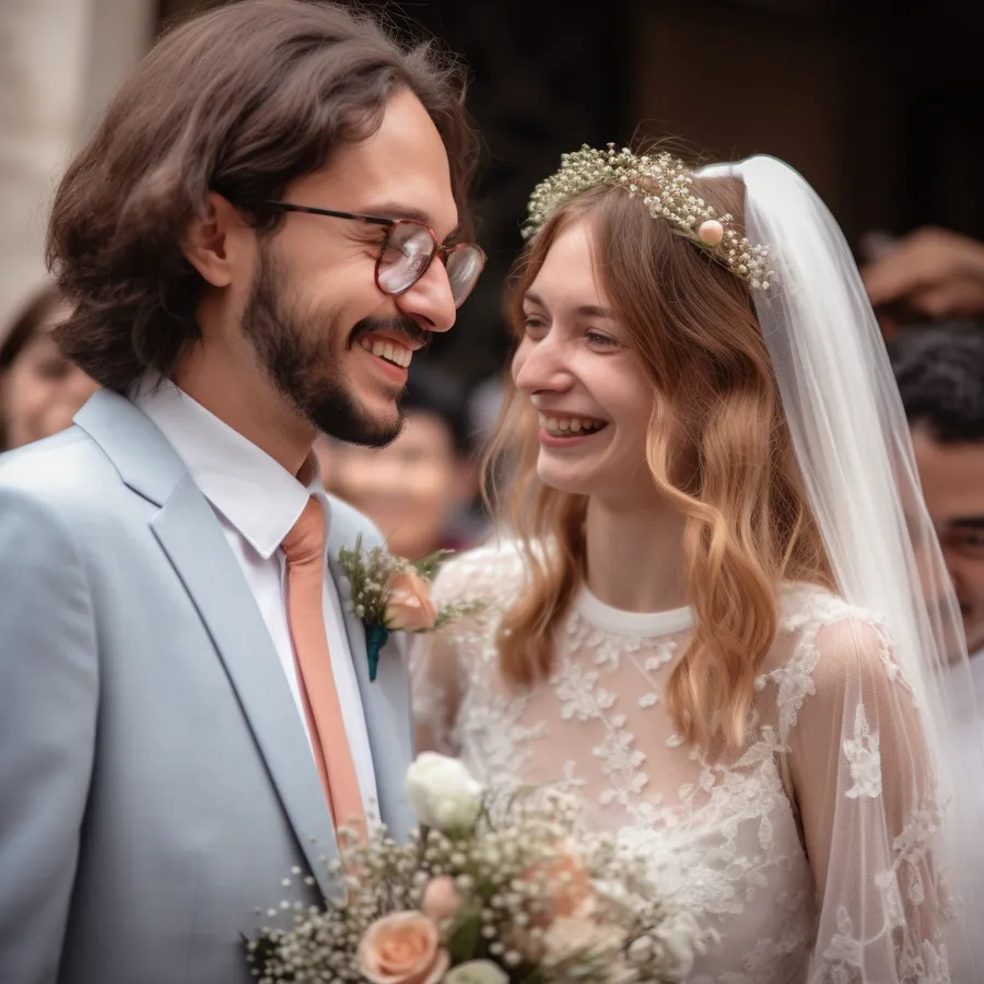 Les mariés complices le jour de leur mariage