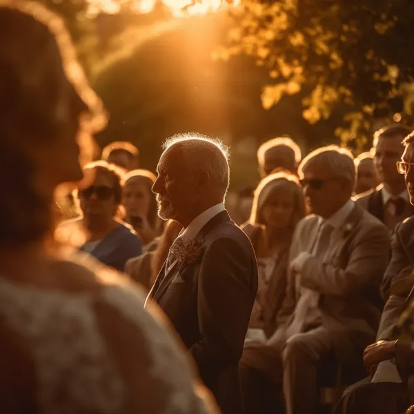 Les mariés au milieu de leurs invités, en contre-jour