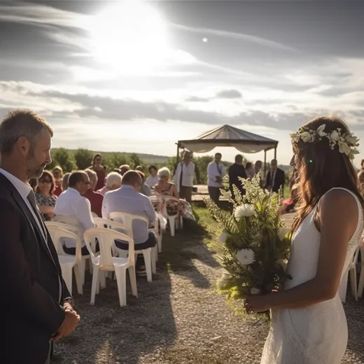 Les mariés entourés de leurs invités en extérieur