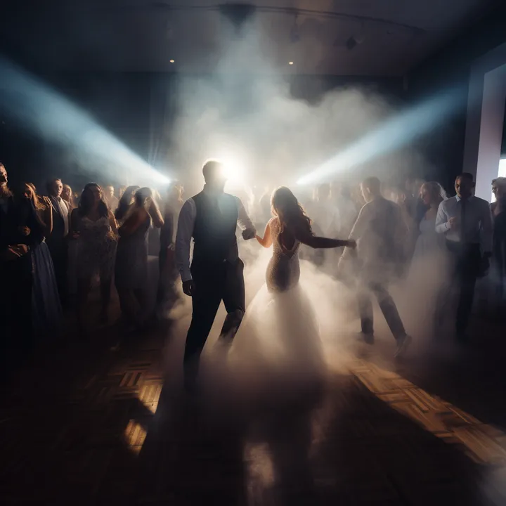 Invités qui dansent dans la fumée et les lumières, DJ mariage Pays Basque